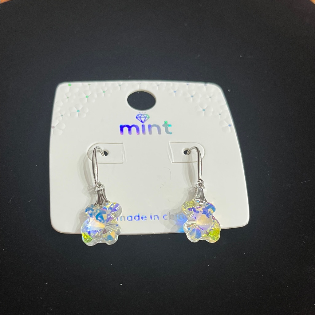Mint Silver Iridescent Flower Earrings